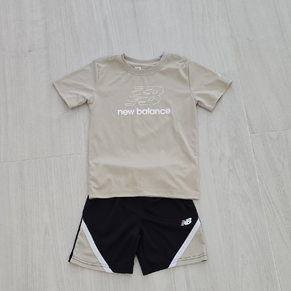 New Balance Beige Logo Tee and Black Athletic Shorts Set Boys Size 7
